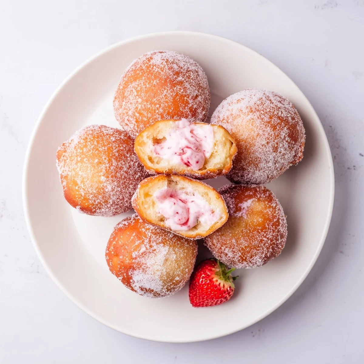 Fresh strawberry cream bursts from the center of these fluffy golden brown sugar-coated doughnuts