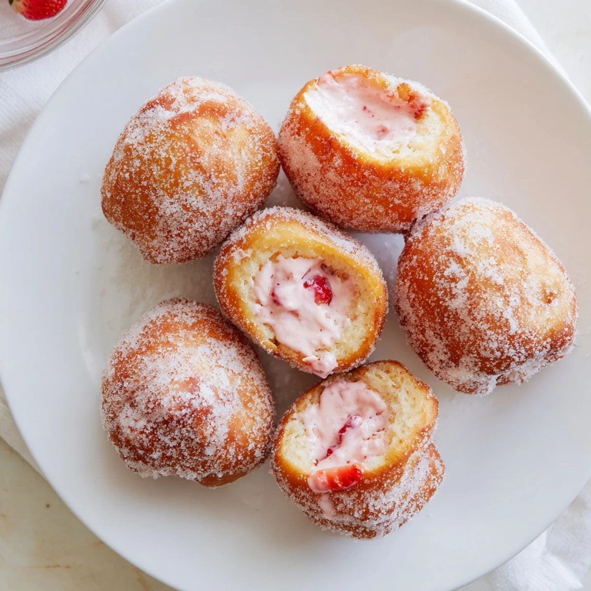 Sweet pink strawberry cream filling oozes from a warm homemade doughnut sprinkled with sugar