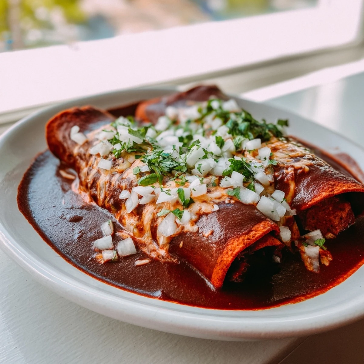 Tender shredded beef birria enchiladas garnished with fresh cilantro and diced white onion