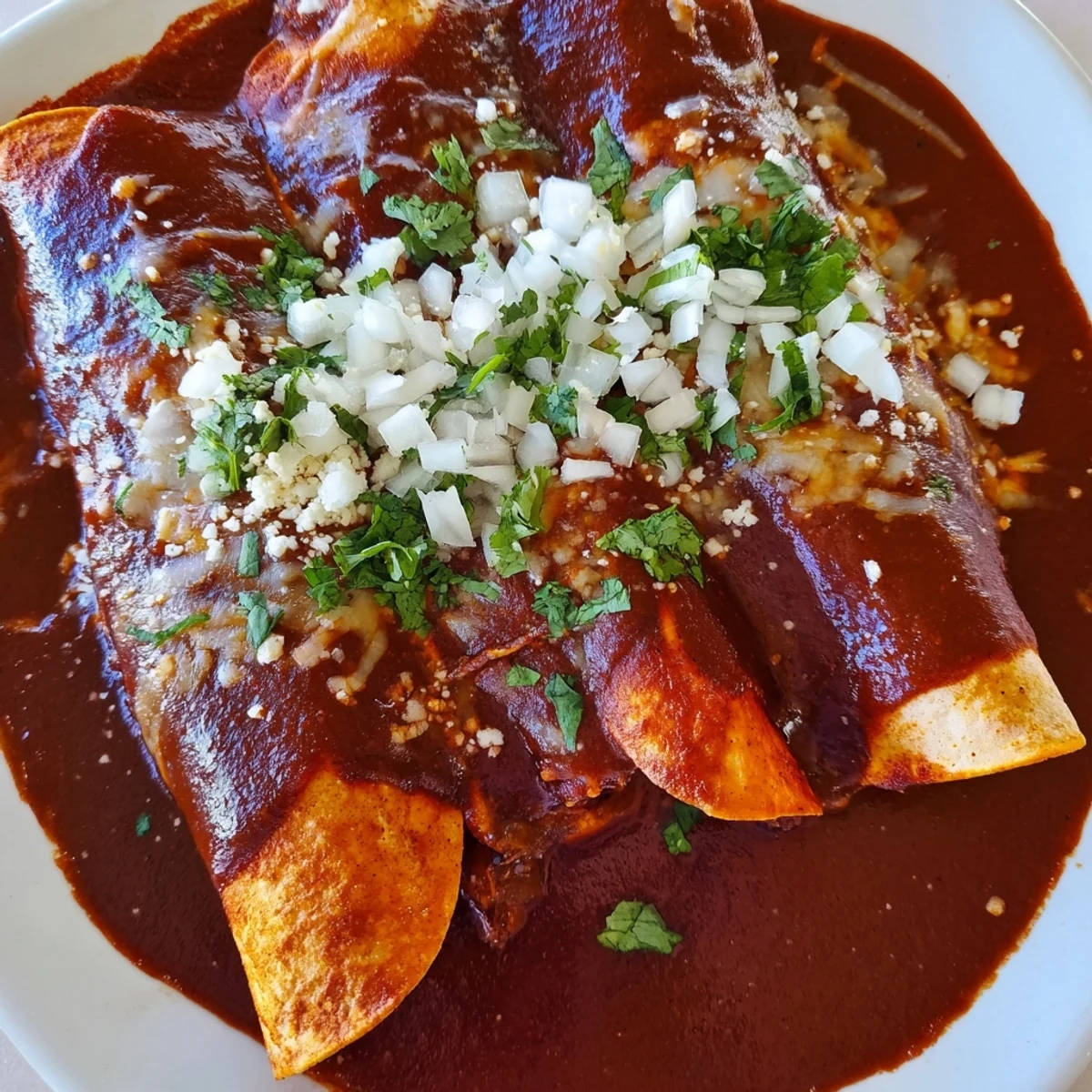 Corn tortilla birria enchiladas smothered in flavorful red sauce and bubbly melted cheese