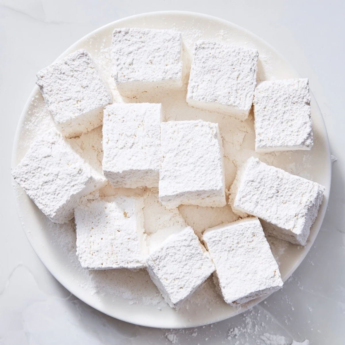 Soft white homemade marshmallows dusted with powdered sugar arranged on a wooden board