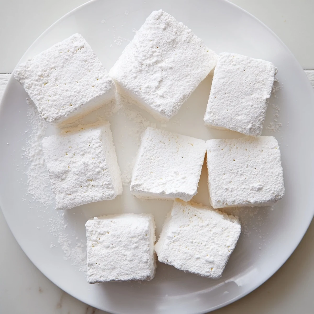 Hand-cut marshmallows with confectioners sugar coating resting on a clean cutting surface