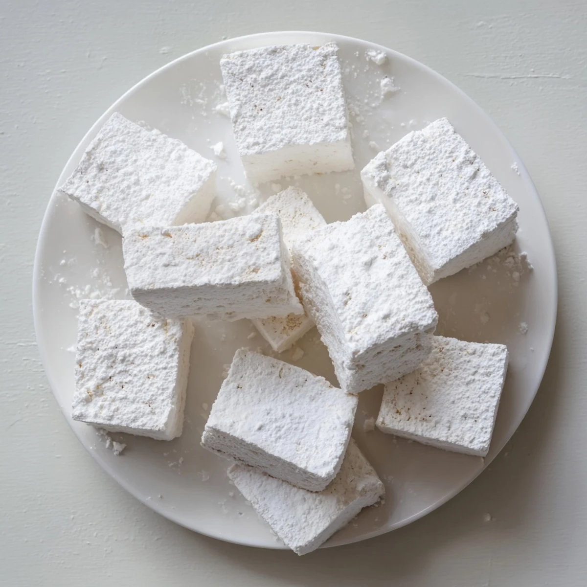 Fluffy vanilla marshmallow squares stacked on a plate ready for hot cocoa topping