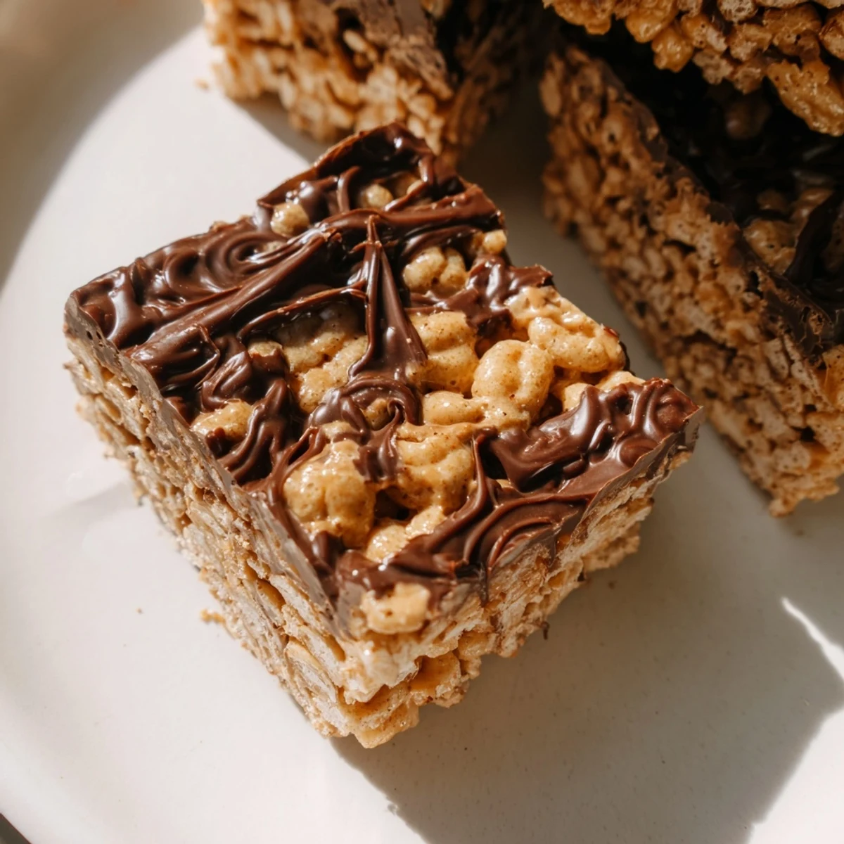 Golden no-bake gluten-free honey Chex chocolate peanut butter bars with glossy chocolate topping on white serving plate