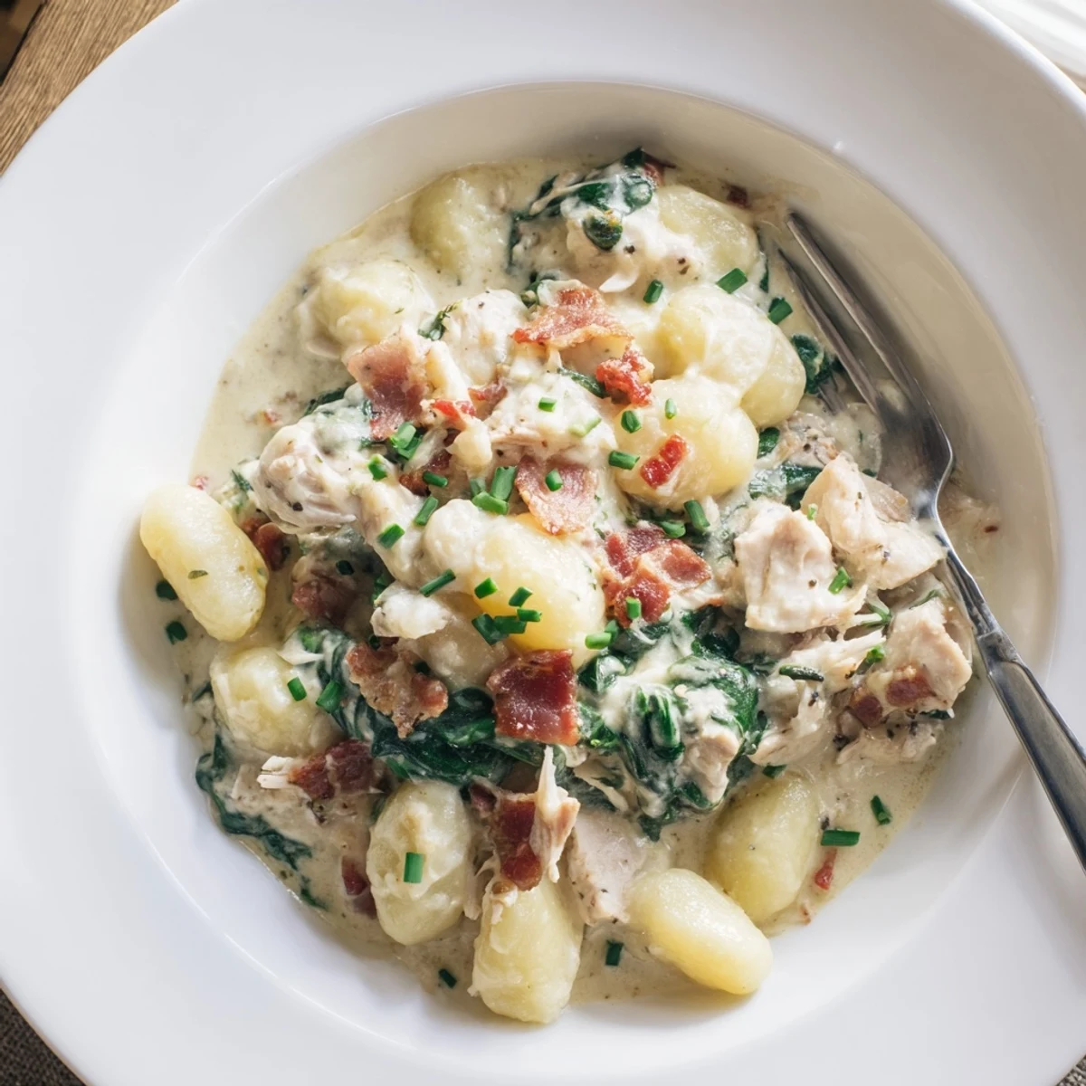 Golden potato gnocchi swimming with chicken and spinach in a creamy ranch mozzarella sauce