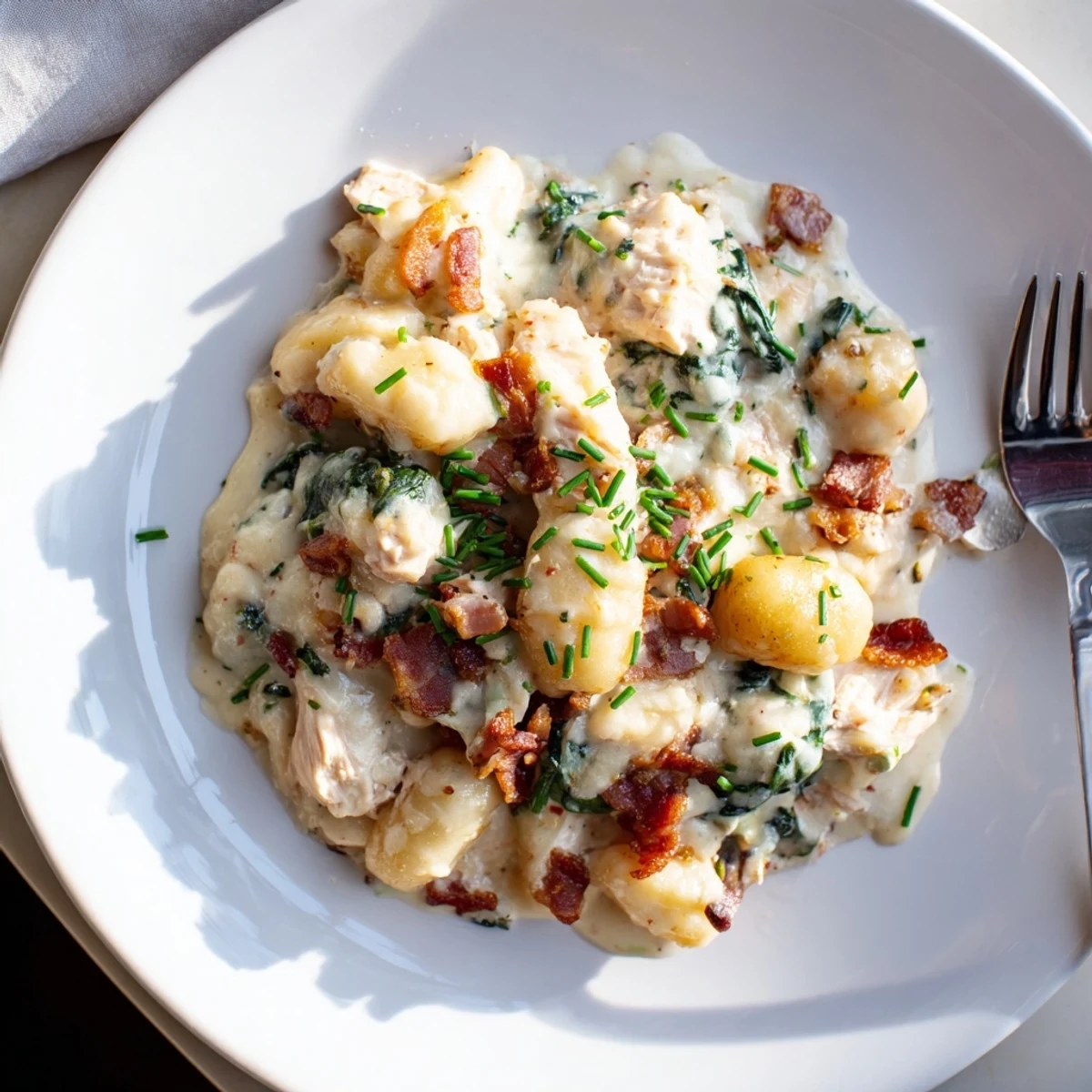Creamy crack chicken gnocchi topped with crispy bacon bits in a rich white cheese sauce