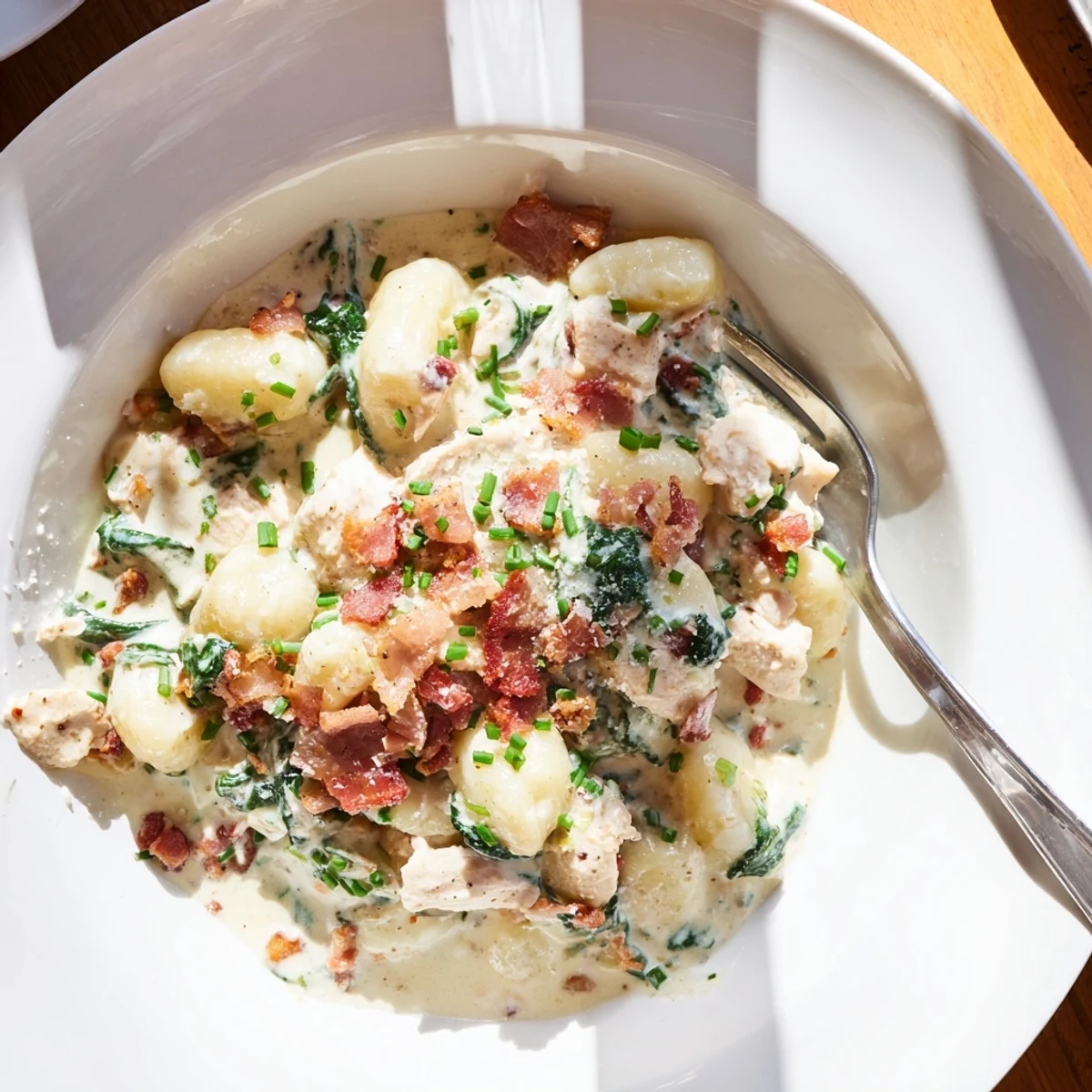 Savory chicken and bacon gnocchi dish featuring melted parmesan and fresh green spinach accents
