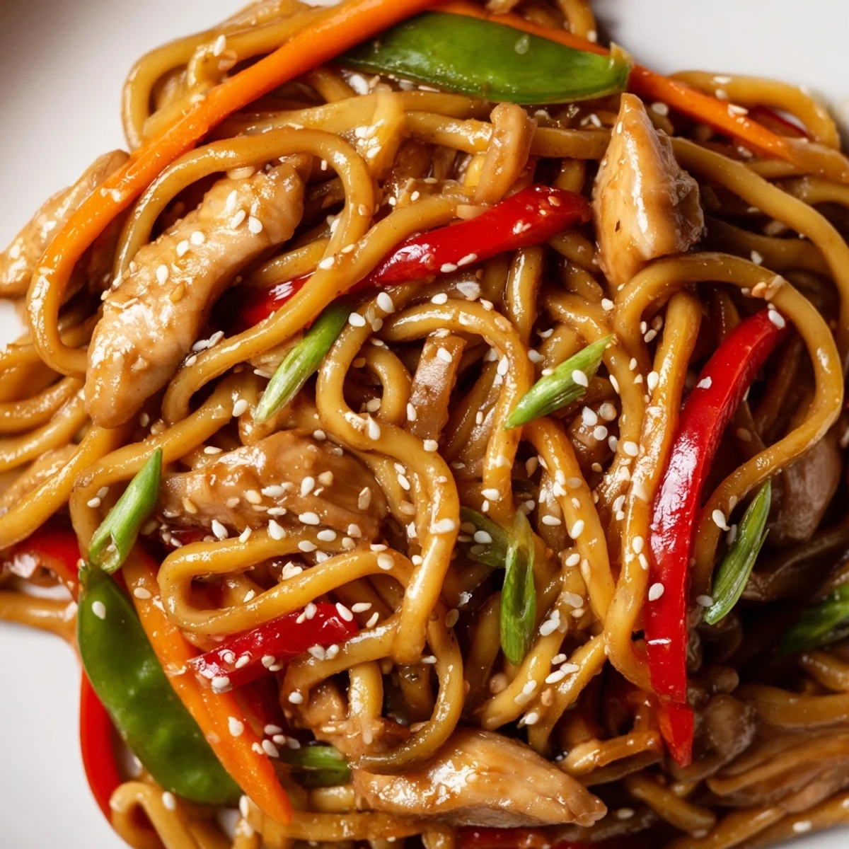 Glossy sticky garlic chicken noodles tossed with crisp vegetables in a sweet-salty sauce