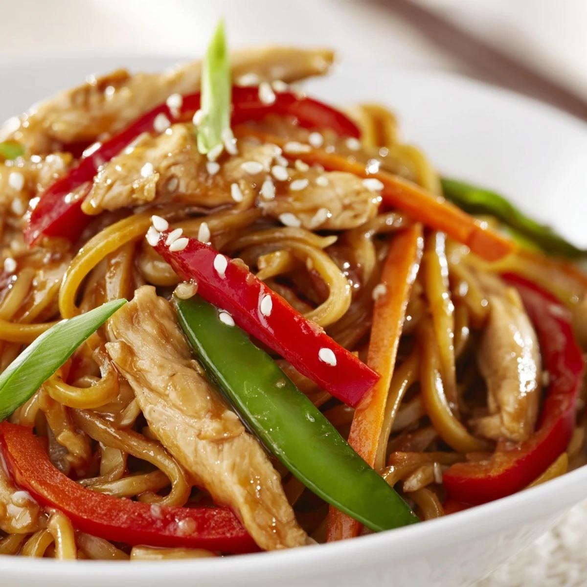 Tender chicken pieces coated in sticky garlic sauce served over chewy egg noodles with colorful peppers