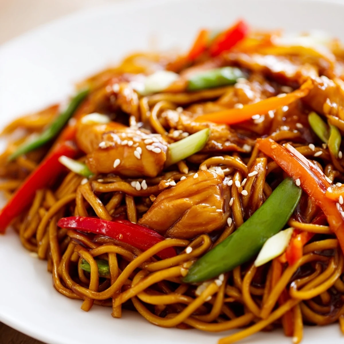Steaming bowl of sticky garlic chicken noodles garnished with scallions and sesame seeds for dinner