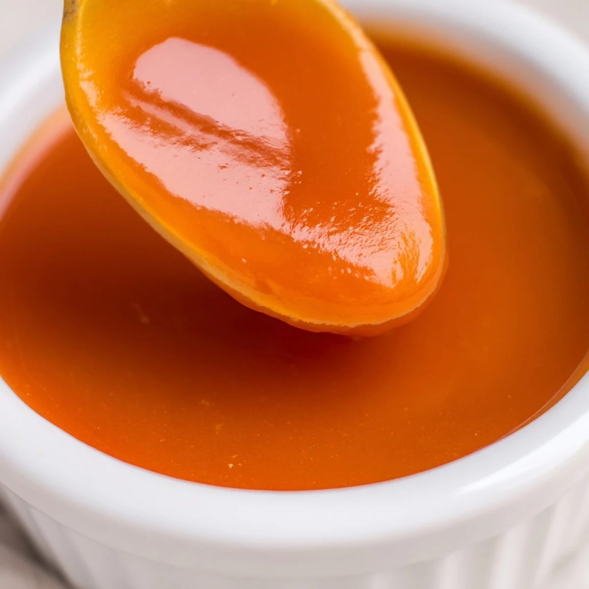 Golden McDonalds sweet and sour sauce in a white ramekin, glossy and thick, ready for dipping crispy chicken nuggets