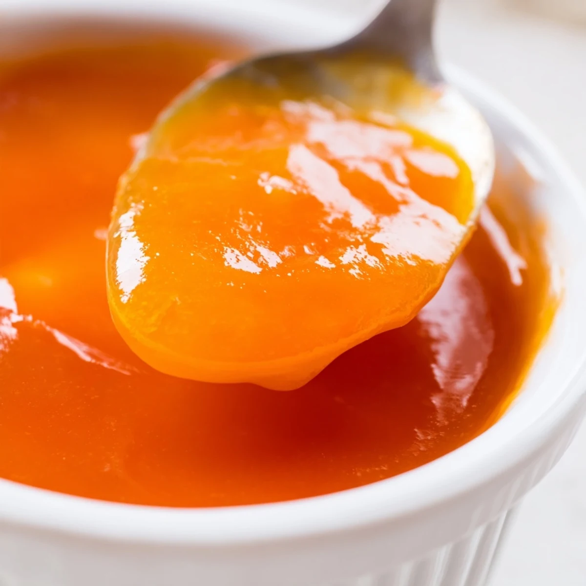 Small bowl of bright orange McDonalds sweet and sour sauce with dipping spoon, garnished with green onion slices