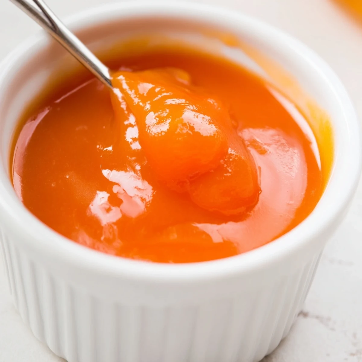 Homemade McDonalds sweet and sour sauce drizzled over golden french fries, showing its rich apricot-pineapple consistency