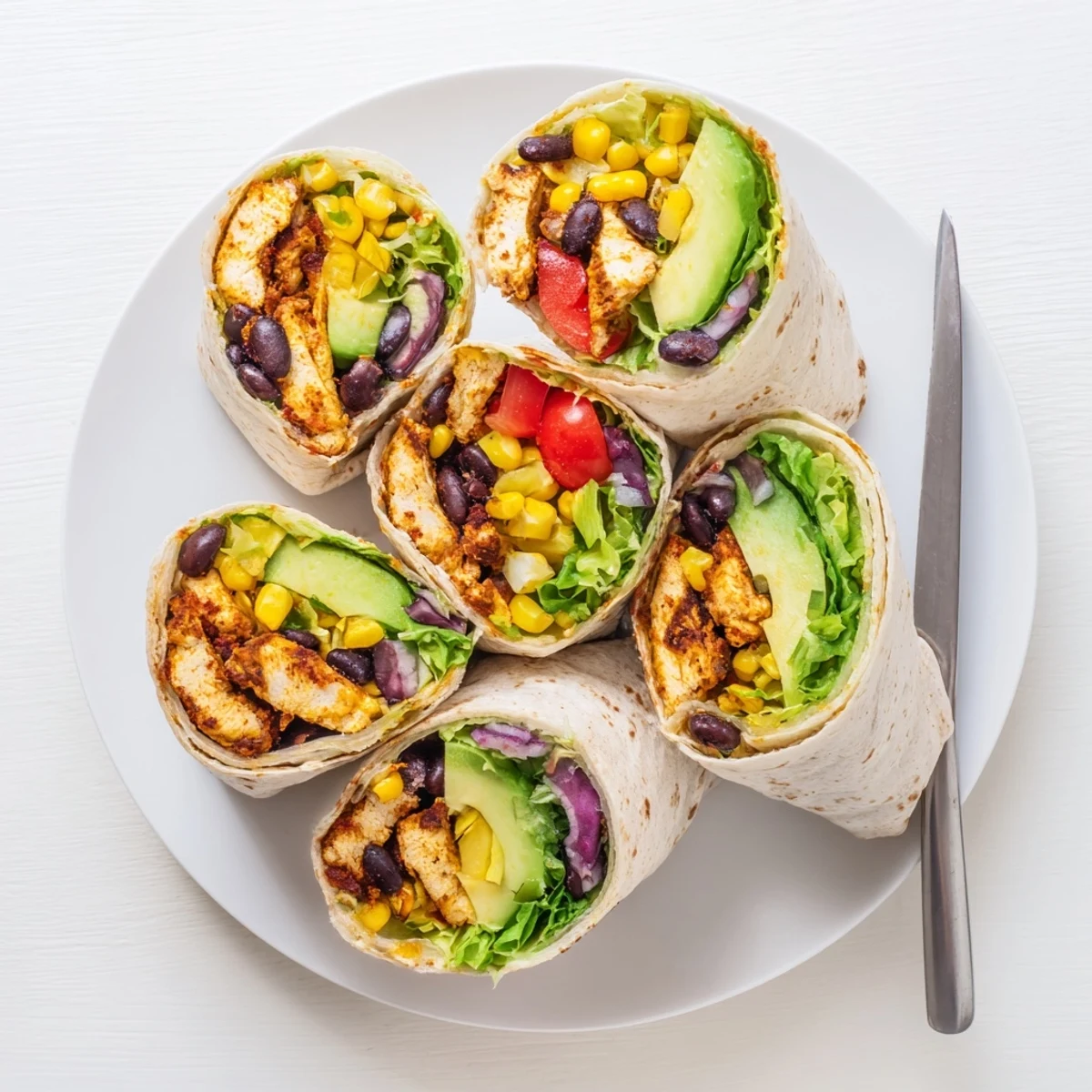 Fresh Southwest chicken wraps sliced open revealing seasoned chicken, colorful vegetables, and creamy sauce inside