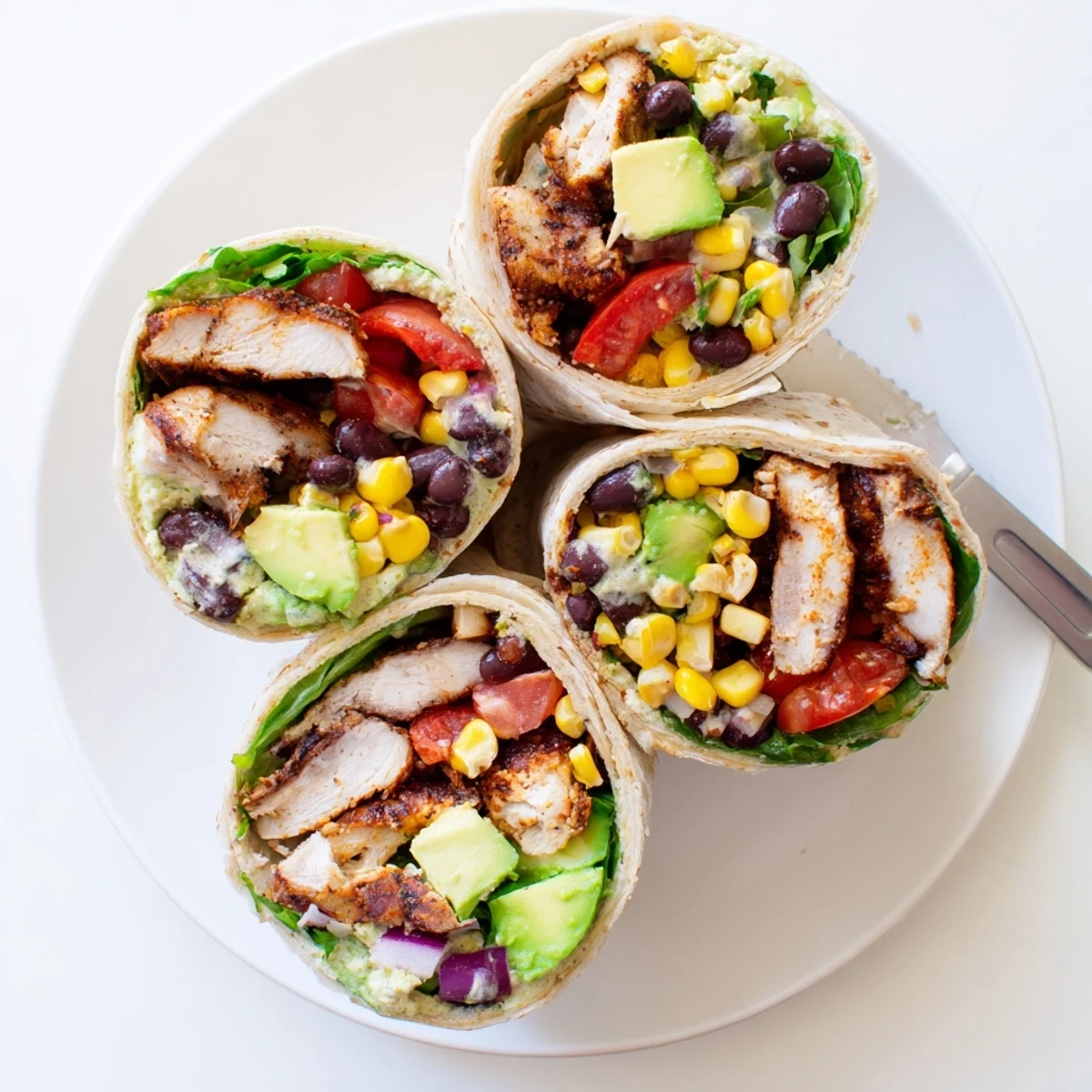 Flour tortilla wrapped around spicy chicken breast with black beans, corn, avocado, and zesty southwest dressing