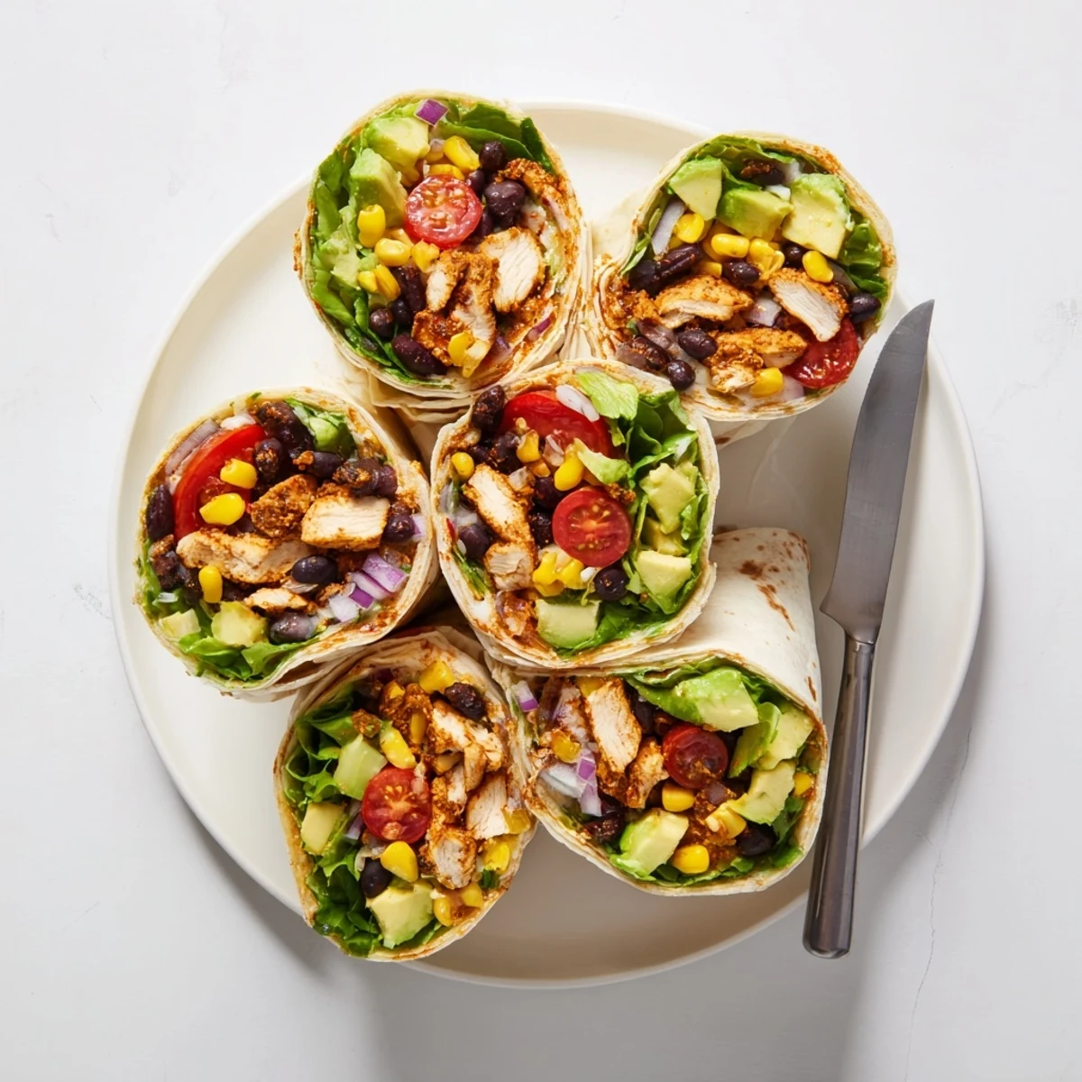 Savory southwest chicken wraps plated with grilled seasoned meat, crisp lettuce, tomatoes, and tangy lime sauce