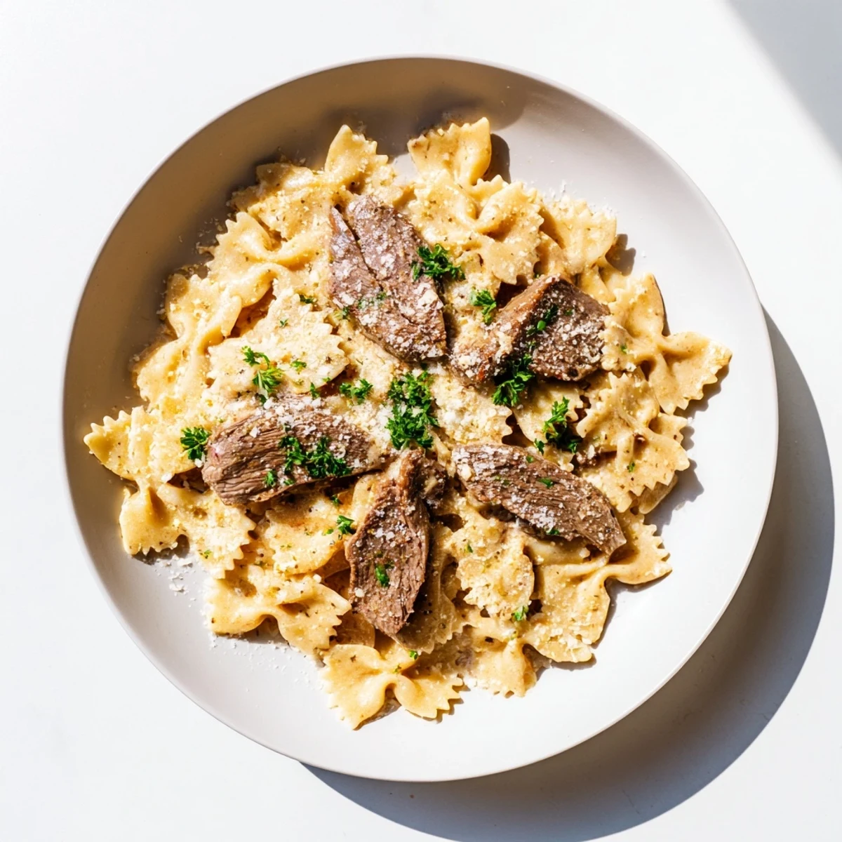 Cajun cream cheese Alfredo bowties topped with spiced beef slices and parsley garnish