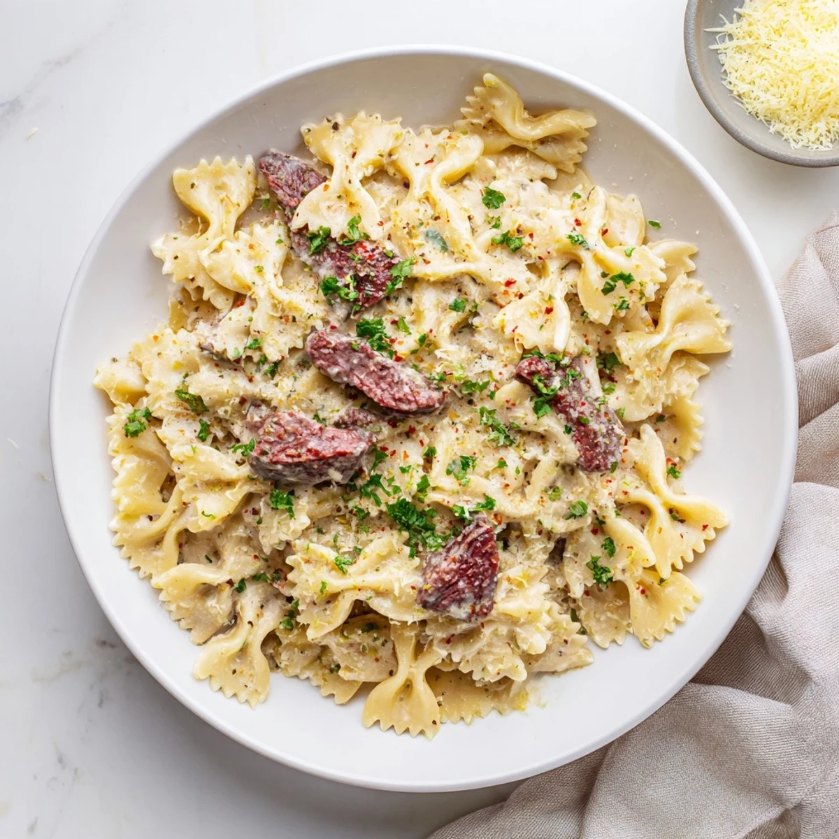 Creamy Cajun pasta dish featuring tender bowties with spicy beef and Parmesan cheese