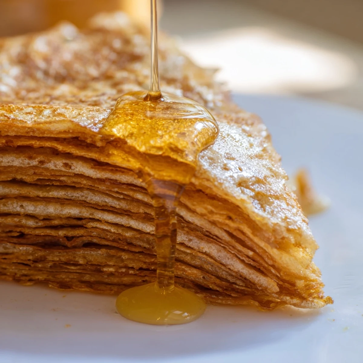 Golden brown Meloui Moroccan pancakes stacked on a serving plate with honey drizzle