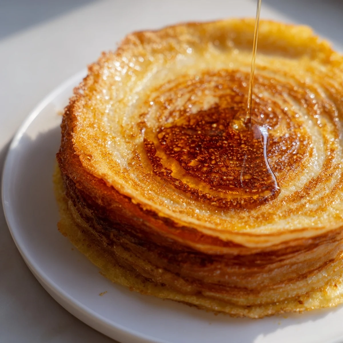 Flaky layered Meloui pancakes being cooked in a skillet until crispy and warm