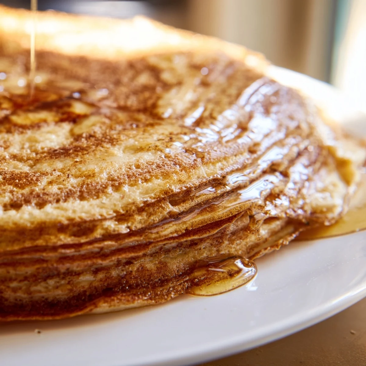 Stack of warm Meloui Moroccan breakfast pancakes dusted with powdered sugar and butter