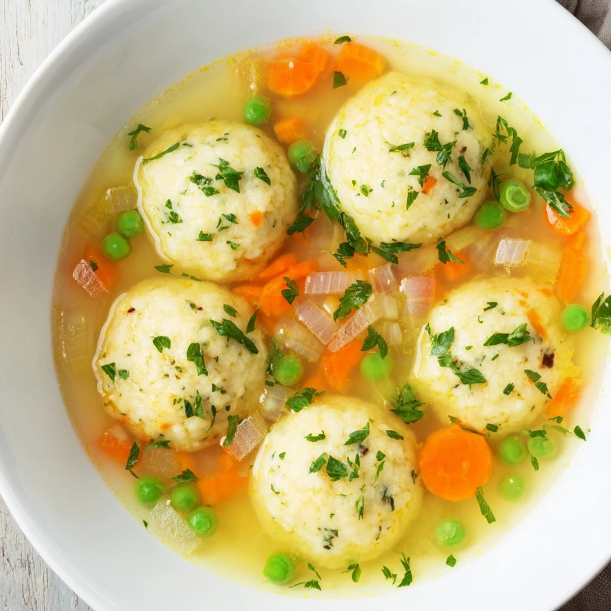 Steaming bowl of dumpling soup with fluffy parsley dumplings floating in savory vegetable broth with carrots, celery, and green peas