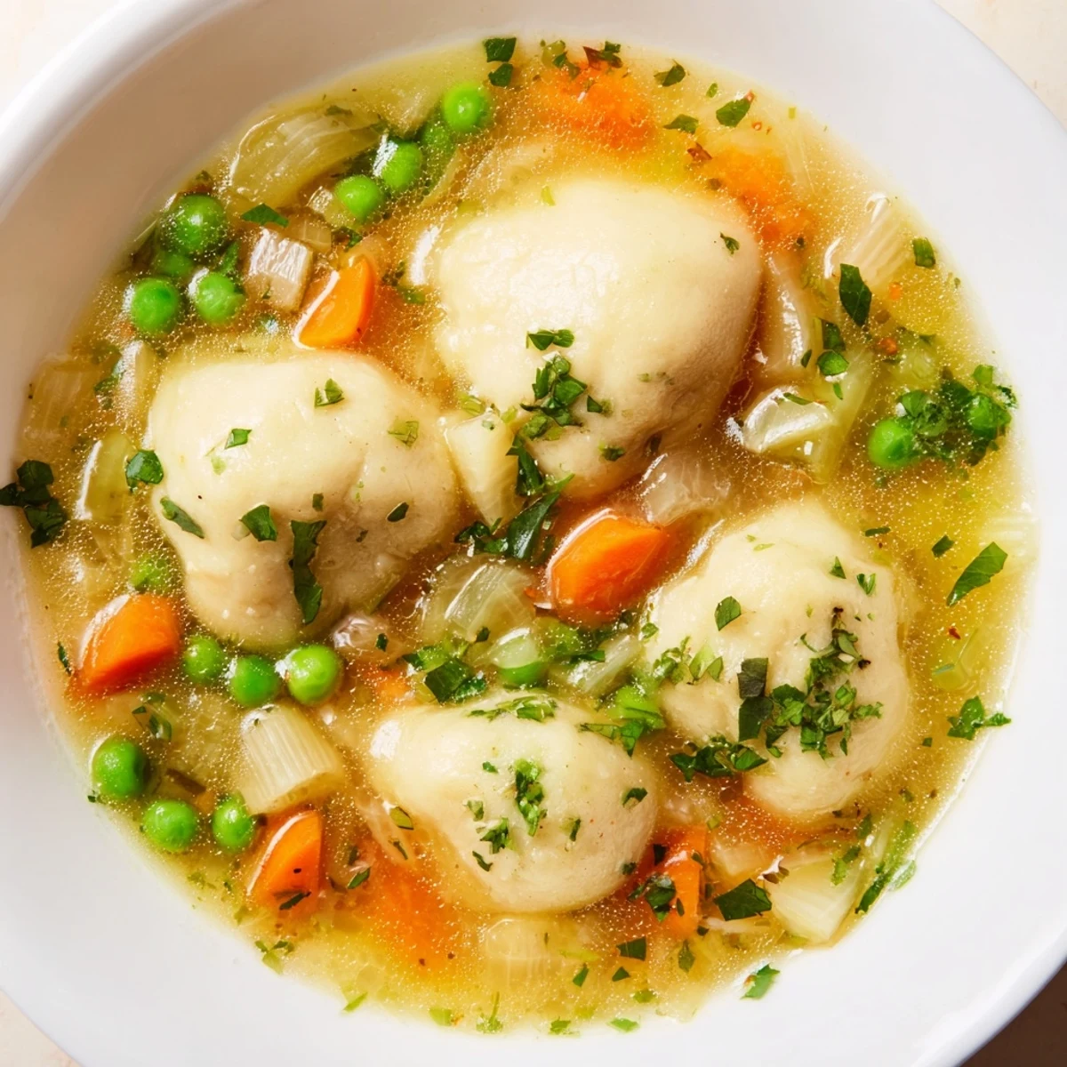Comforting dumpling soup featuring tender dough balls simmered in golden broth with colorful diced vegetables and fresh herb garnish