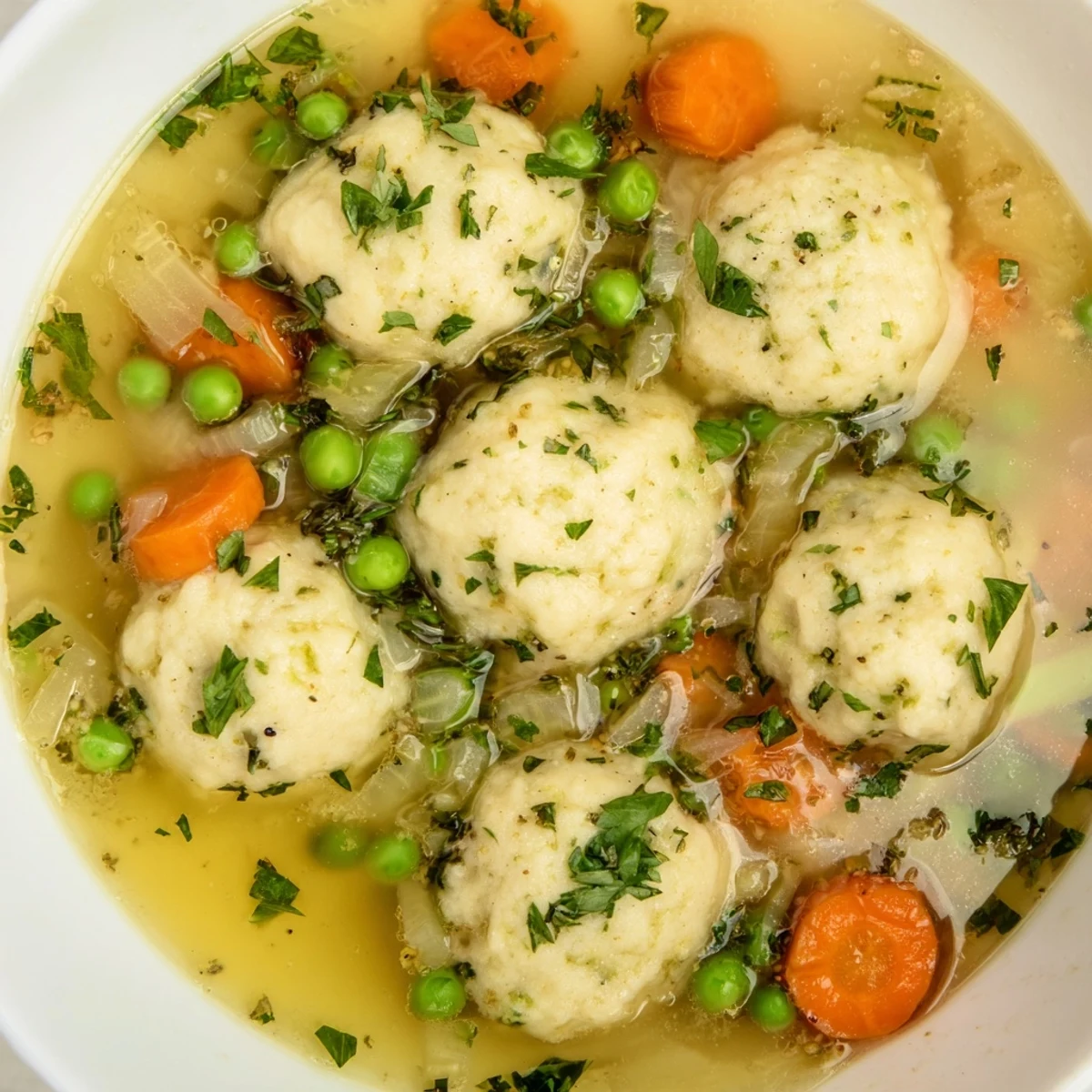 Hearty vegetarian dumpling soup with soft flour dumplings, carrot slices, and peas nestled in aromatic seasoned broth