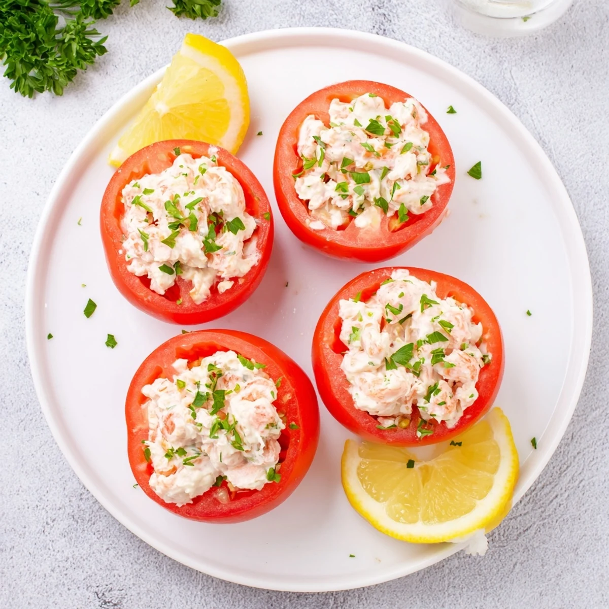 Golden Belgian Tomates Aux Crevettes filled with creamy North Sea shrimp salad and fresh green herbs
