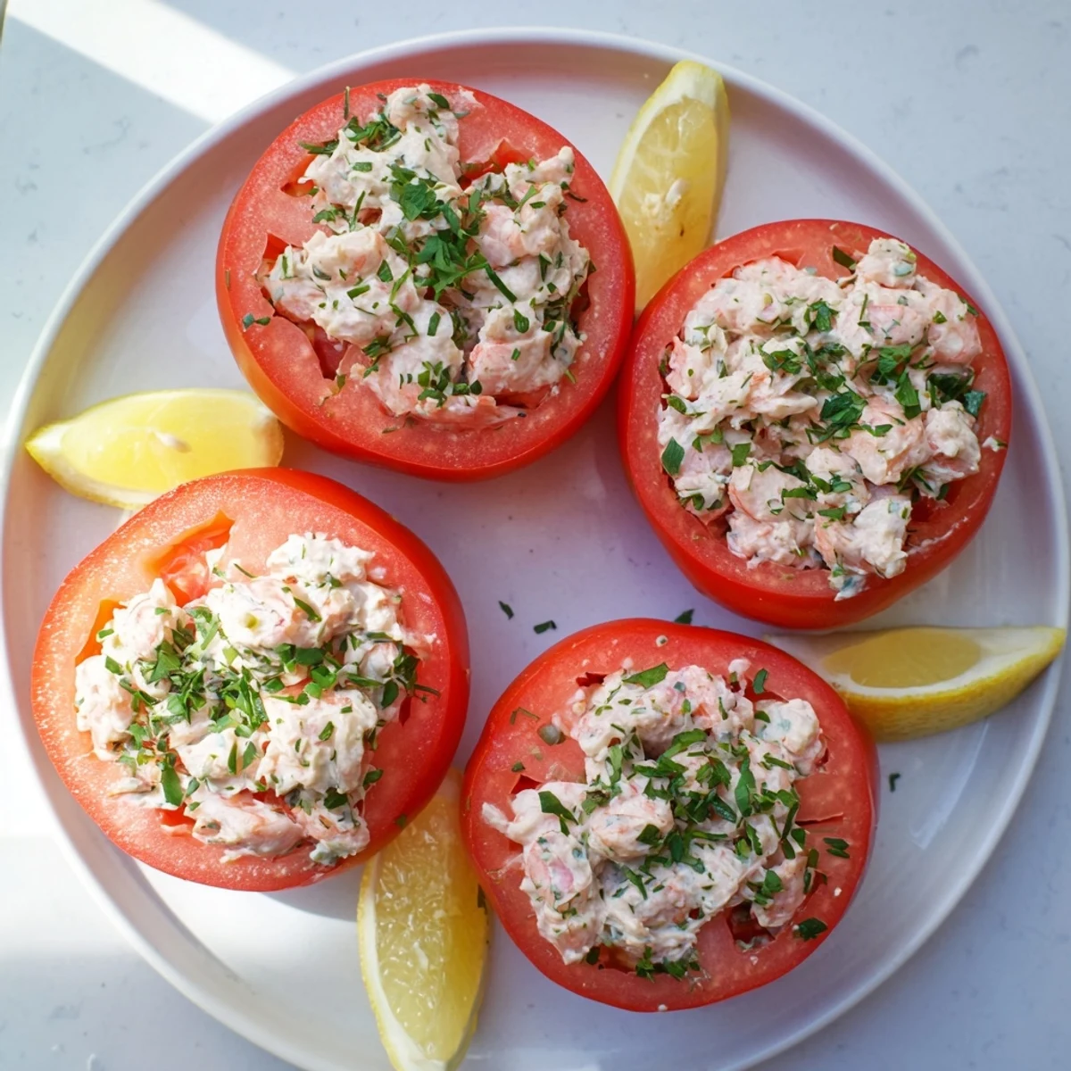Chilled Belgian shrimp-filled tomatoes arranged on serving platter with lemon wedges and chopped chives