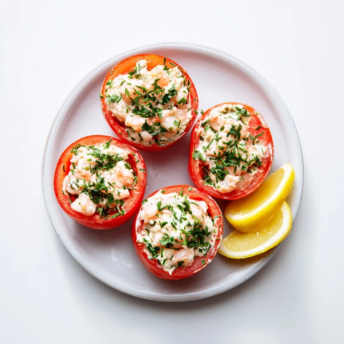 Classic appetizer featuring ripe stuffed tomatoes topped with savory pink shrimp and delicate parsley garnish