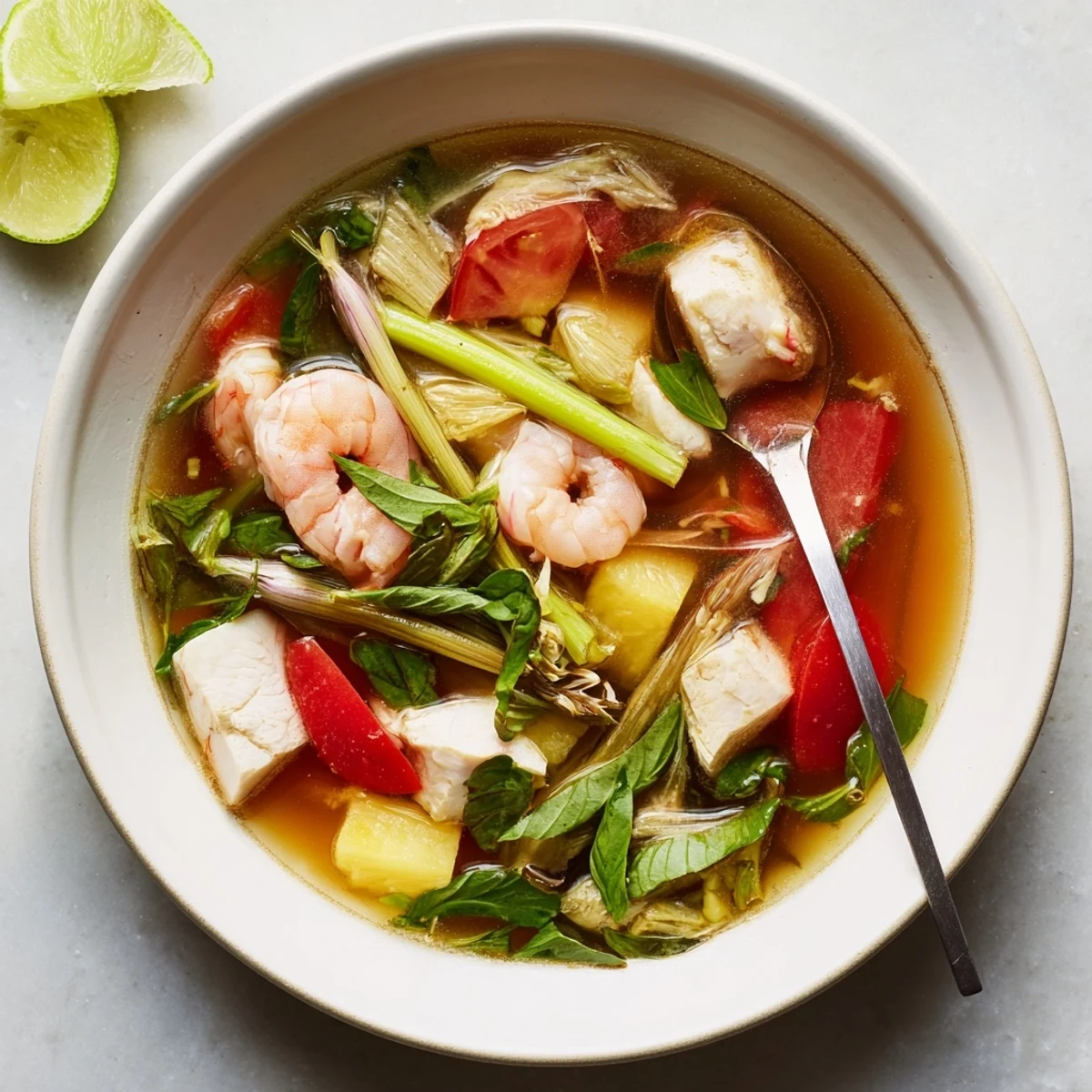 Golden bowl of Vietnamese Canh Chua soup with tender fish, pineapple chunks, and vibrant fresh herbs floating in aromatic broth