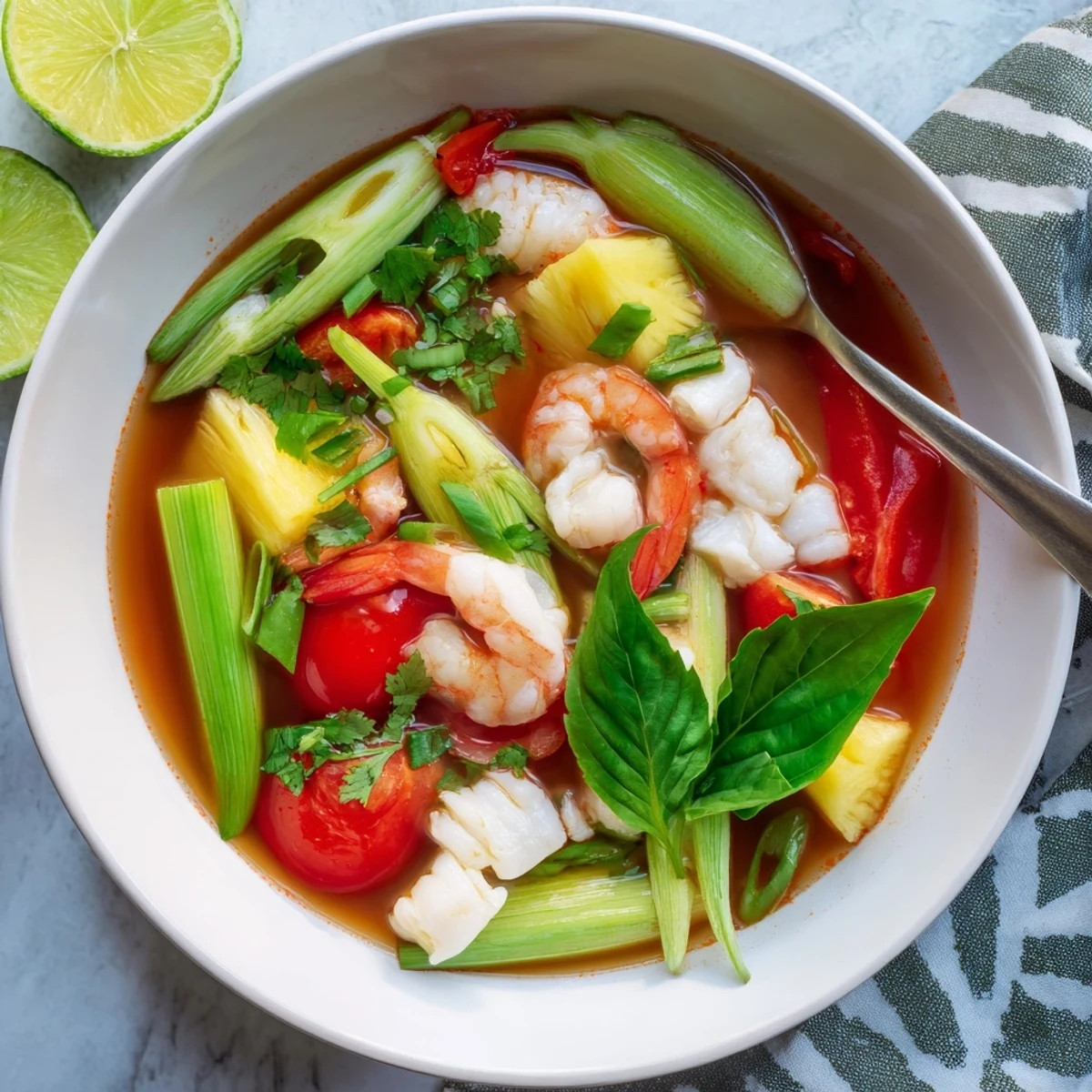 Steaming Vietnamese Canh Chua featuring catfish, okra slices, and tomato wedges garnished generously with green onions and cilantro