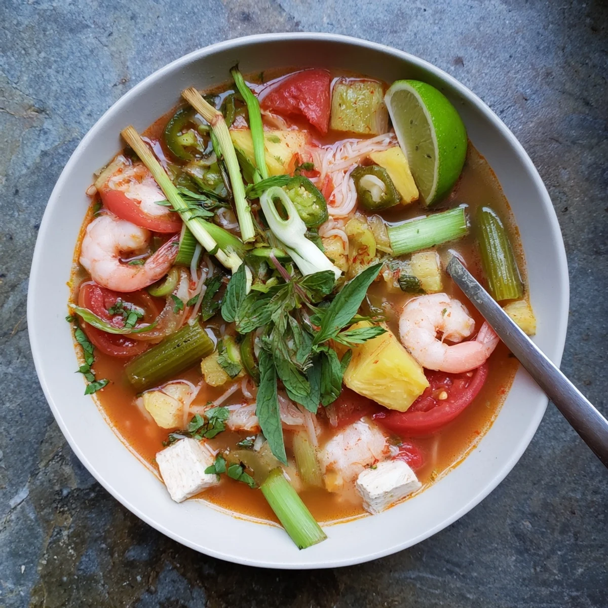 Rustic pot of tangy-sweet Vietnamese Canh Chua simmering with pineapple, bean sprouts, and fragrant Thai basil leaves