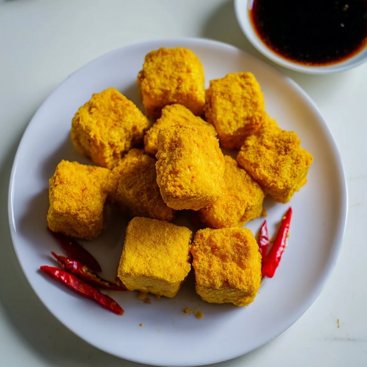 Golden crispy Tahu Sumedang served hot with fresh chilies and sweet soy sauce