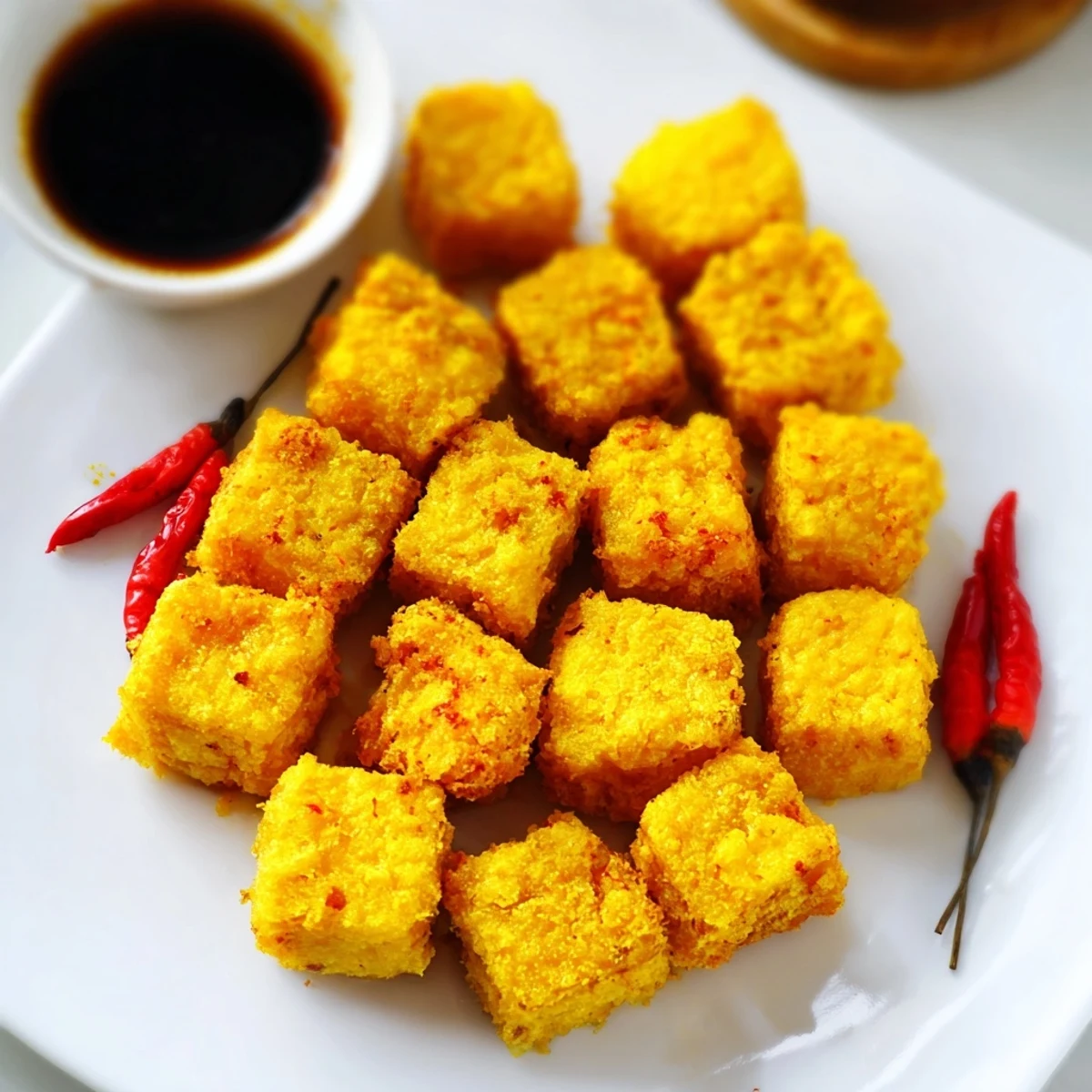 Deep-fried Indonesian tofu cubes featuring fluffy interiors and perfectly seasoned golden batter coating
