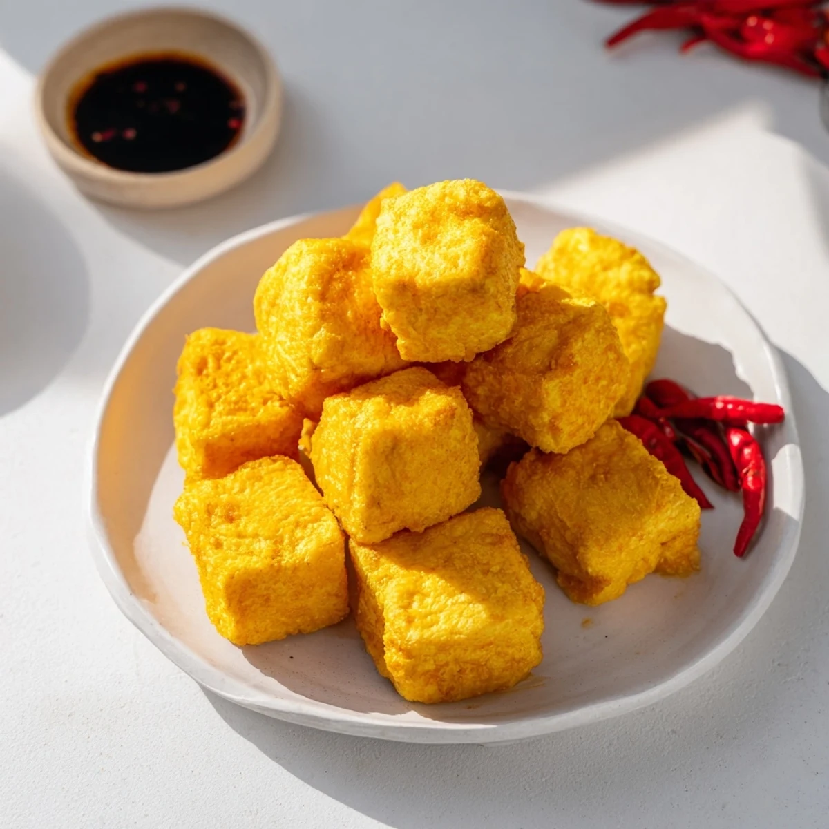 Plate of savory Tahu Sumedang street food with crispy exterior and tender white inside