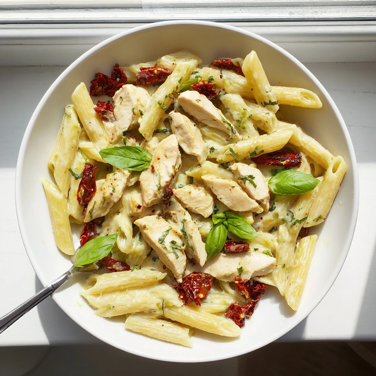 Golden seared chicken tossed with penne pasta in a luscious garlic cream sauce with sundried tomatoes