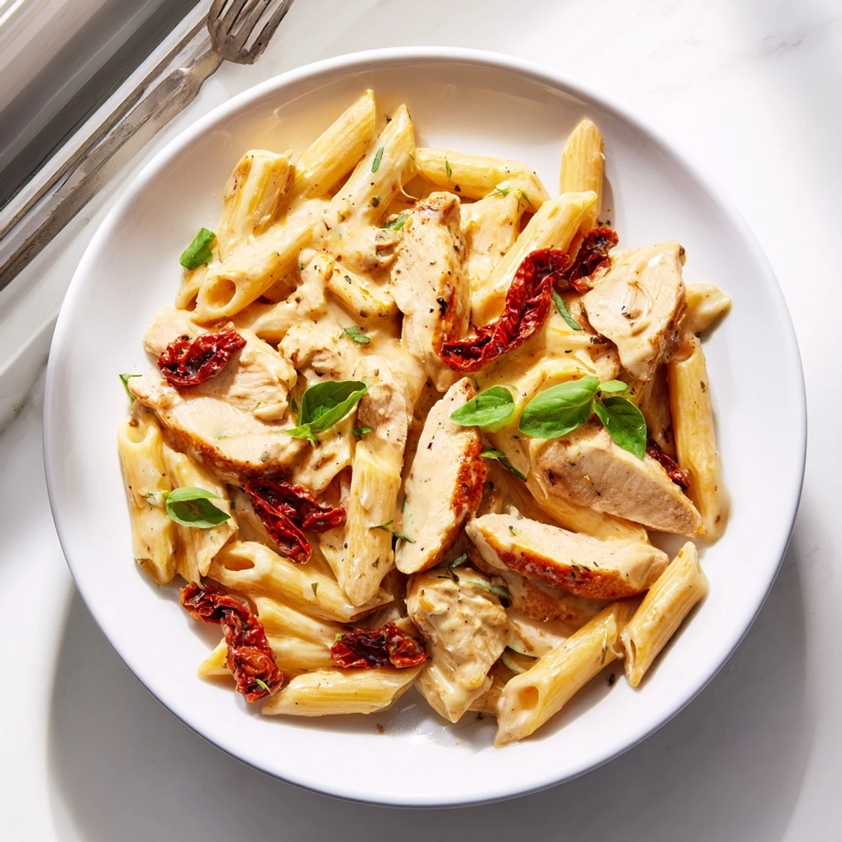 Creamy Marry Me Chicken Pasta with tender sliced chicken and sun-dried tomatoes in a rich parmesan sauce