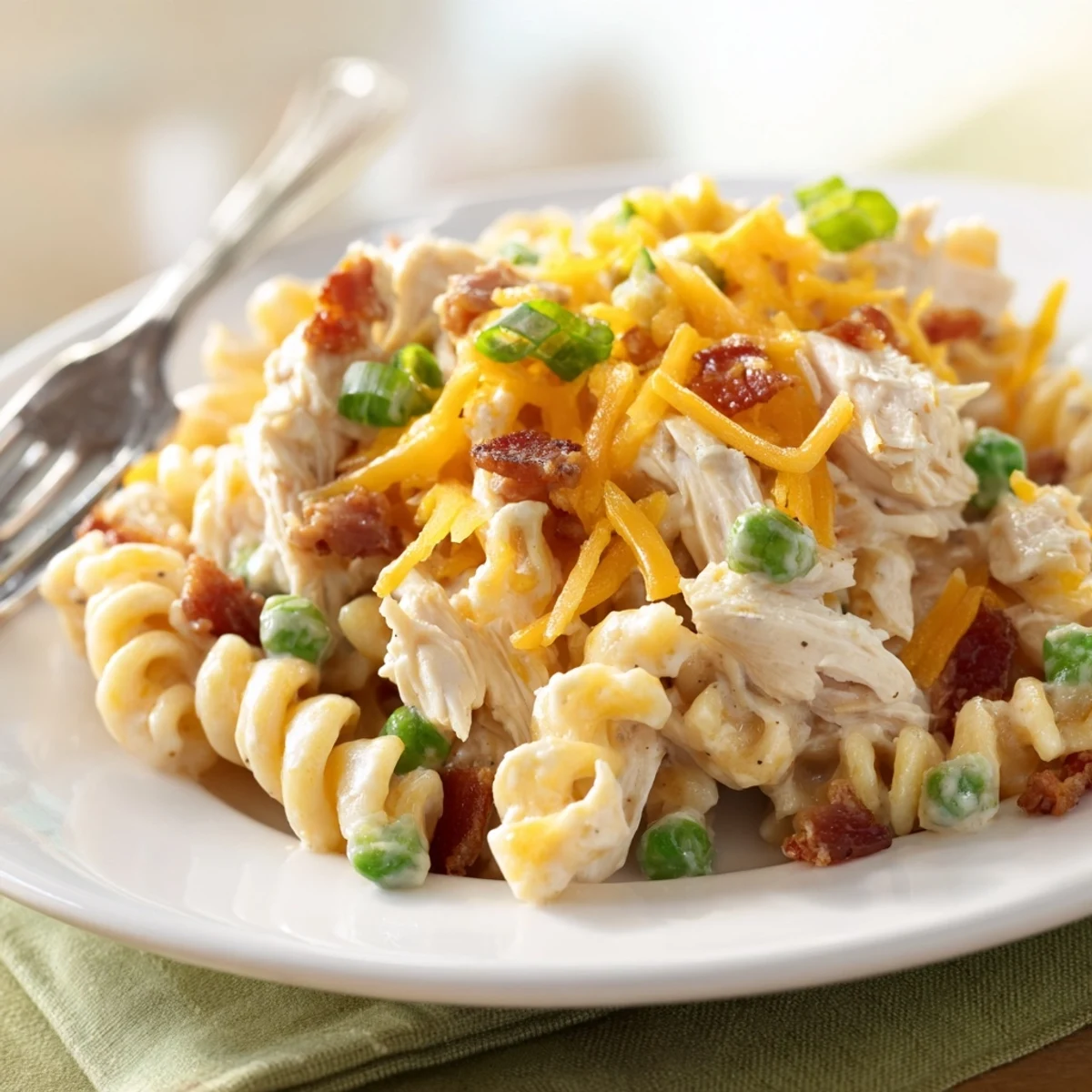 Creamy Crock Pot Crack Chicken Casserole topped with melted cheddar and crispy bacon bits