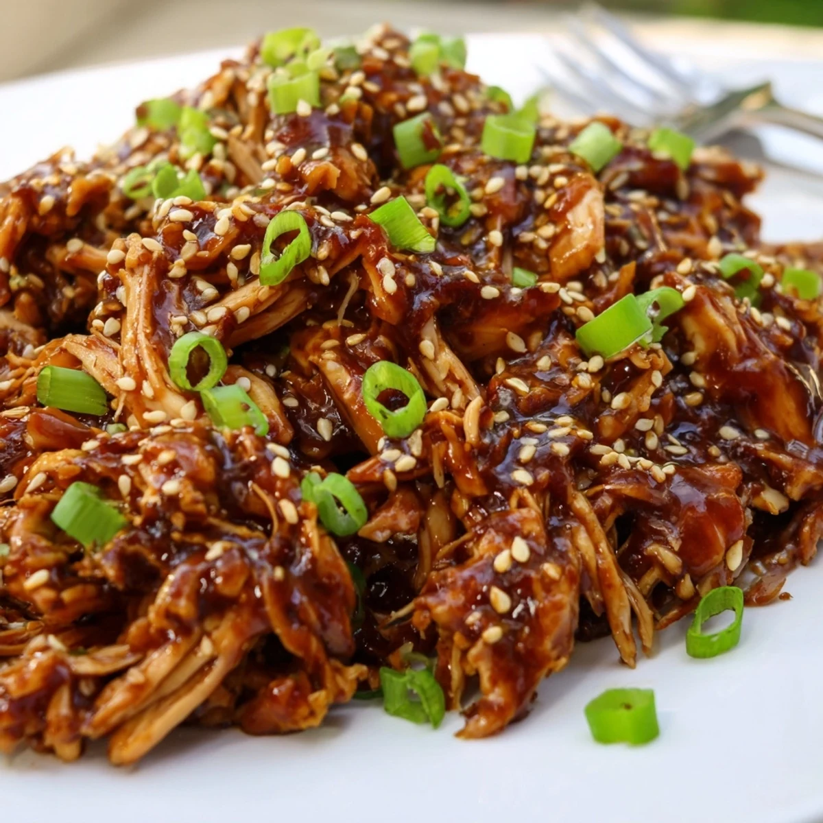 Golden brown Crockpot Teriyaki Chicken garnished with fresh green onions and toasted sesame seeds over steamed white rice