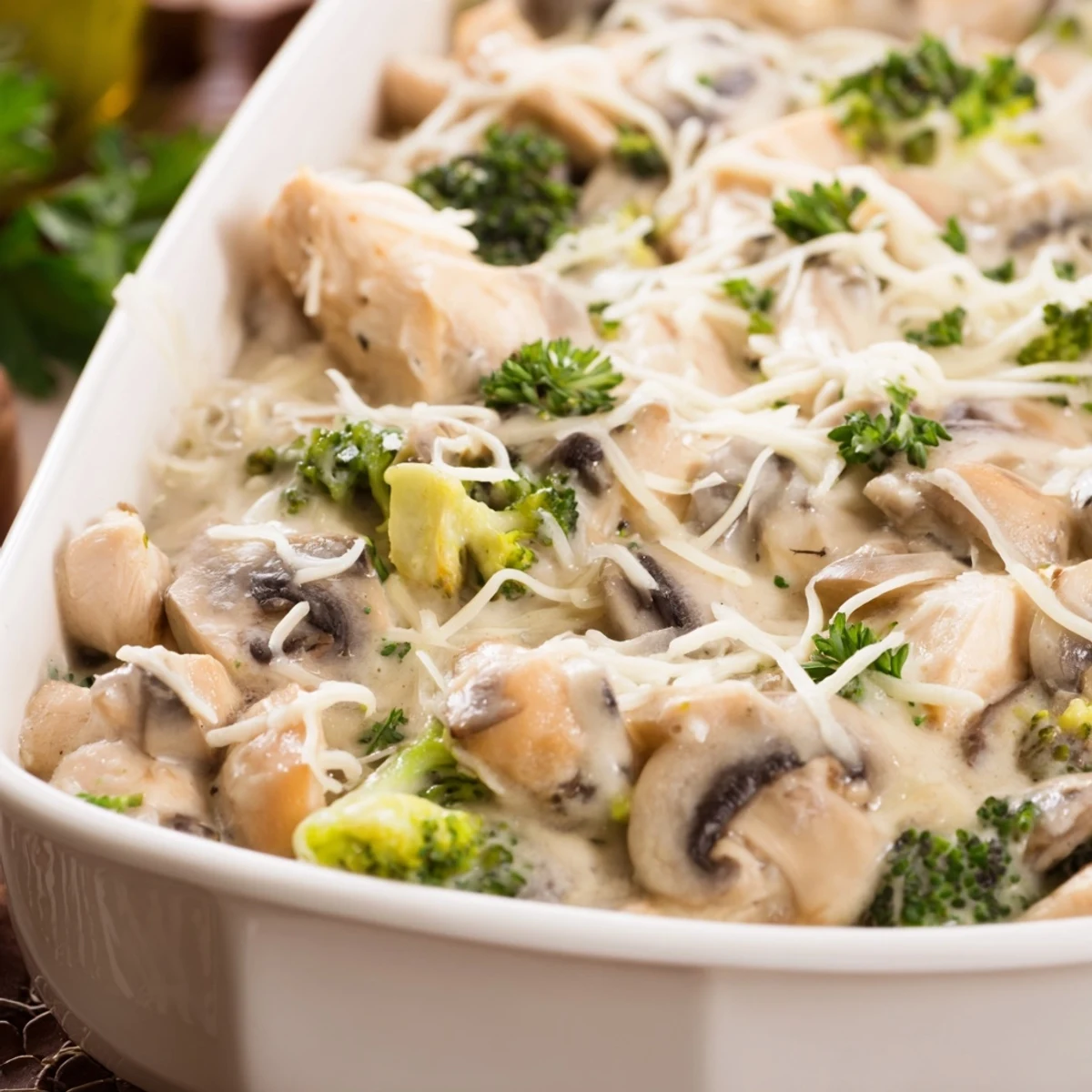 Golden bubbly low carb chicken casserole with melted cheese and tender broccoli pieces
