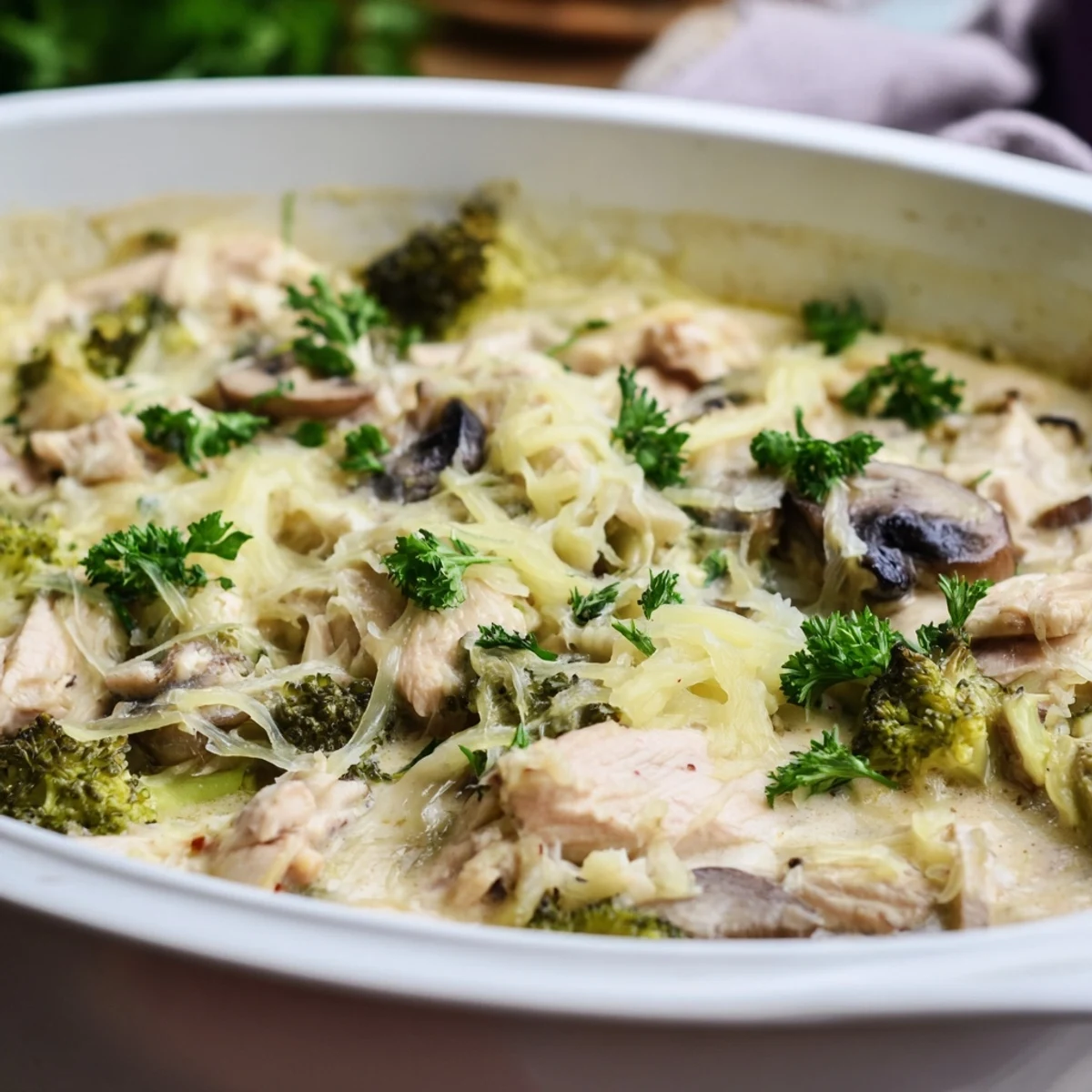 Creamy low carb chicken casserole featuring juicy chicken breast in rich white sauce