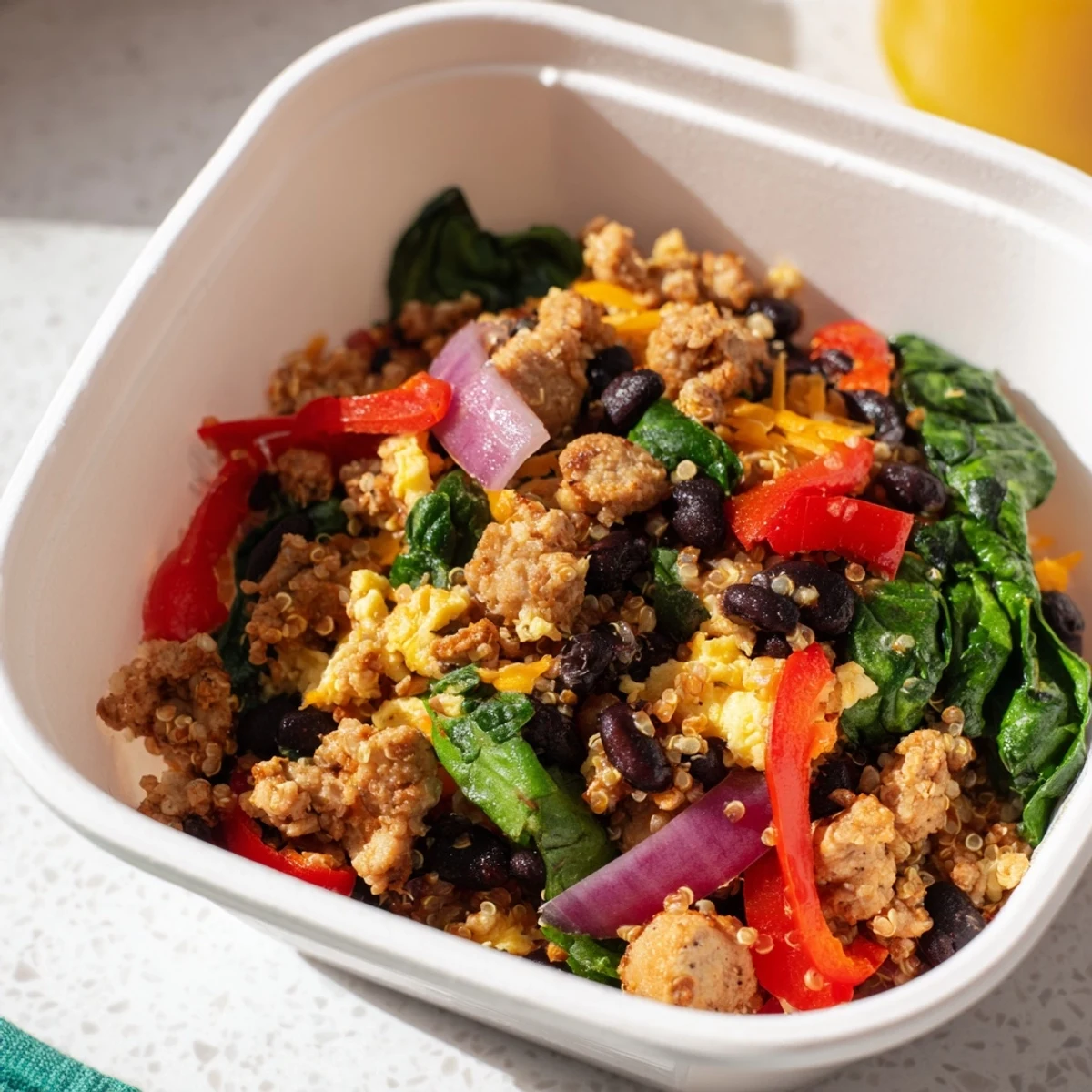 Colorful meal prep containers filled with high protein freezer friendly breakfast bowls featuring scrambled eggs, sausage, vegetables, and quinoa
