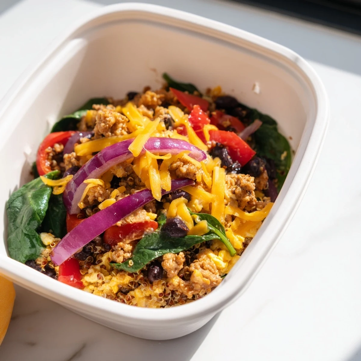 Hearty high protein freezer friendly breakfast bowl packed with fluffy scrambled eggs, turkey sausage, black beans, and colorful bell peppers