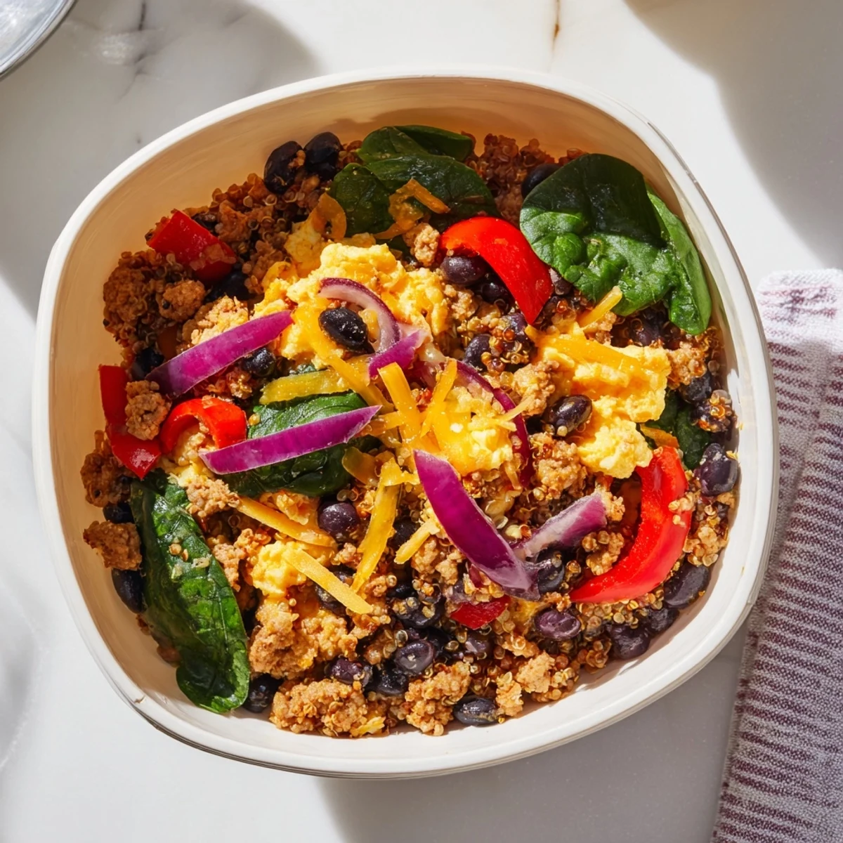 Meal prep style high protein freezer friendly breakfast bowl showcasing eggs, spinach, cheese, and sausage over a bed of fluffy quinoa