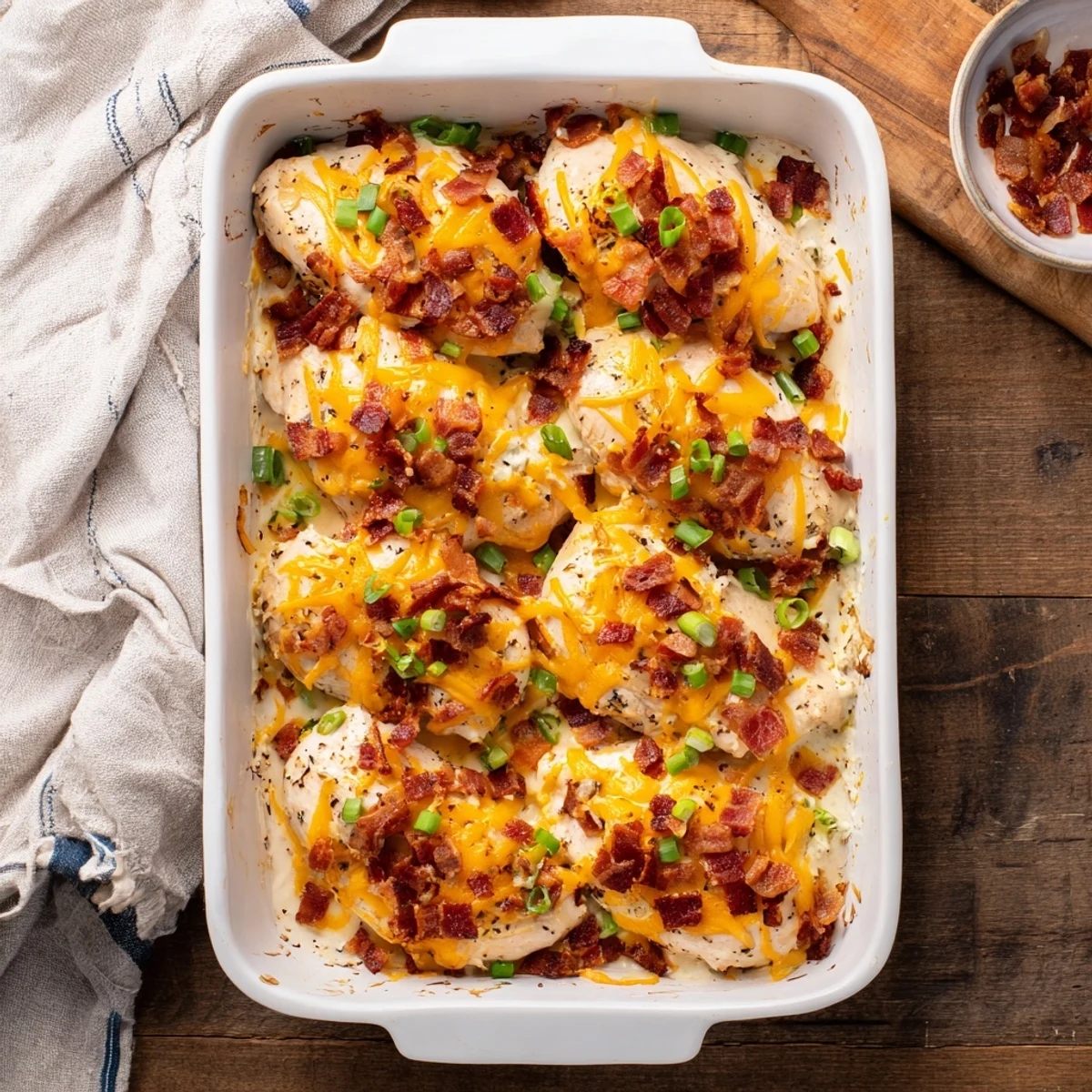 Baked crack chicken casserole with bubbly cheese and ranch seasoning