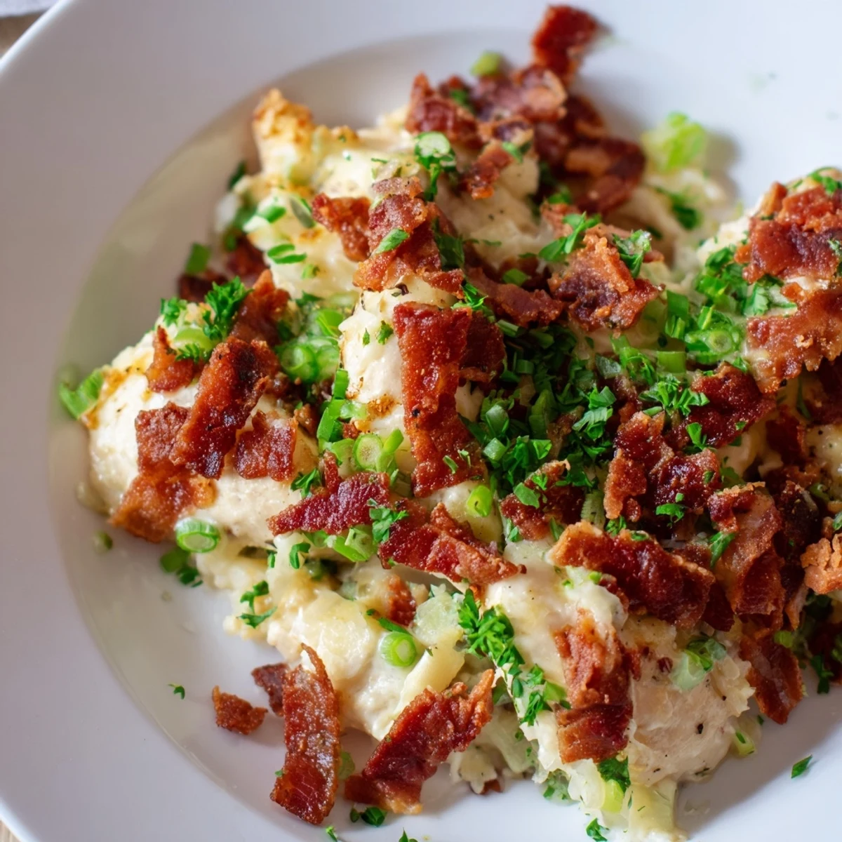 Golden Crockpot Million Dollar Chicken topped with melted cheese and crispy bacon crumbles