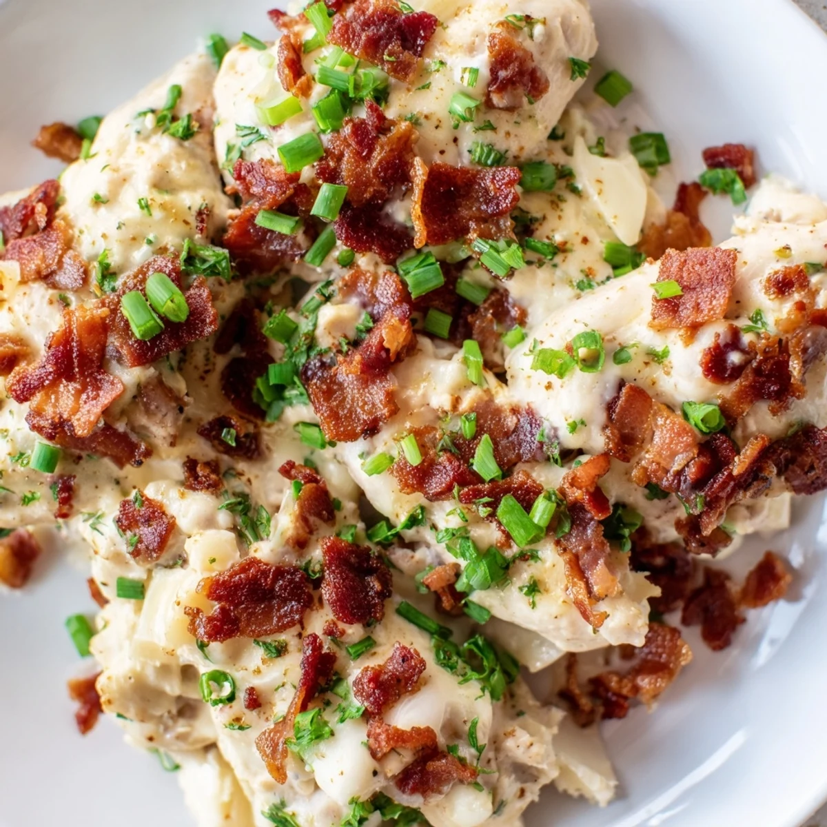 Creamy slow-cooked chicken breasts smothered in rich cheese sauce and savory bacon bits