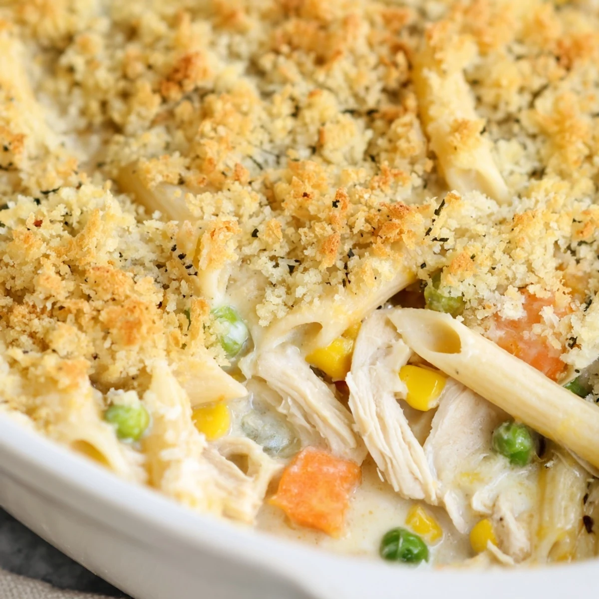 Creamy chicken pot pie pasta casserole loaded with tender vegetables and shredded chicken meat